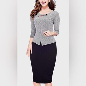 Sophisticated Grey & Black Pencil Dress — Women's Tailored Two-Piece Look